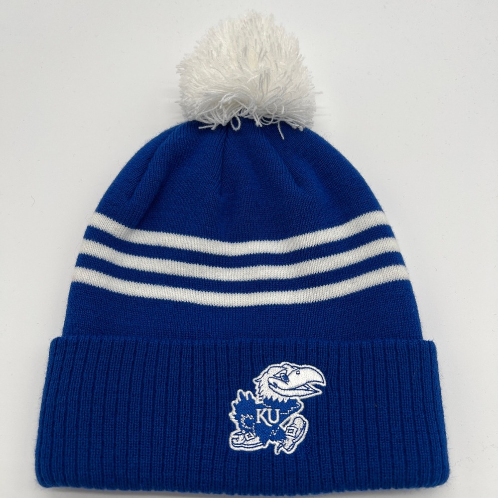 Adidas Kansas Jayhawks NCAA Pom Beanie Blue White Knit Hat Cap Winter OSFM
